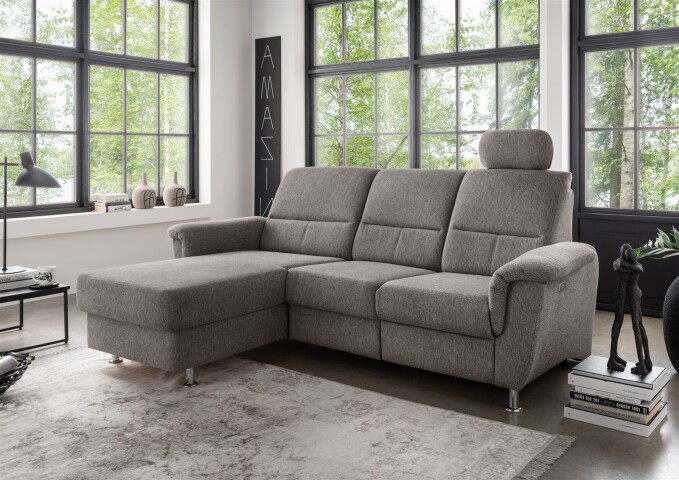 Ecksofa >Ludwigshafen< Motor-funktion, Kopfstütze, Stauraum, grau-braun - 231x113x165 (BxHxT)
