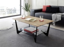 Couchtisch >LEON< in Eiche, Massivholz / Glas / Metall - 90x40x60cm (BxHxT)