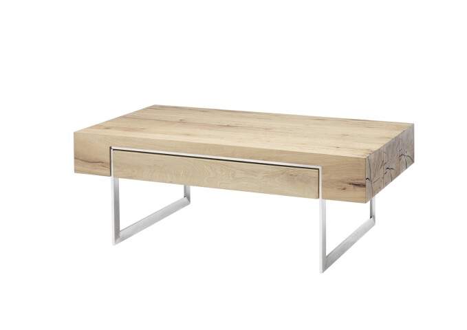 Couchtisch >BIRMINGHAM< Schublade, Eiche furniert / Edelstahl-Optik - 110x40x60 (BxHxT)