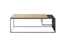 Couchtisch >JUBA< in Eiche, Massivholz / Metall / Klarglas - 120x40x60cm (BxHxT)