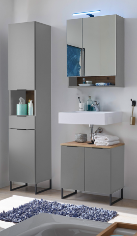 Badezimmer-Set >Denver< (3-tlg.) in grau matt / Evoke Eiche Dekor - 120x195x35 (BxHxT)
