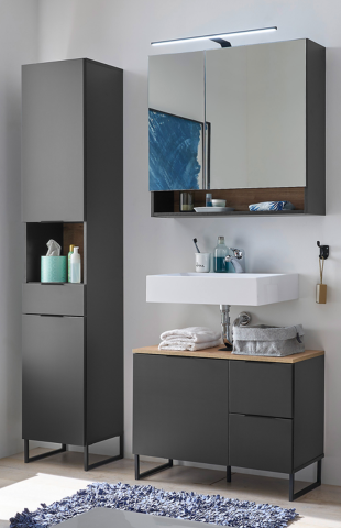 Badezimmer-Set >Denver< (3-tlg.) in schwarz matt / Evoke Eiche Dekor - 140x195x35 (BxHxT)
