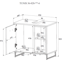 Waschbeckenunterschrank >Tunis< 1 Tür, 2 Fächer, grau matt / sonoma eiche - 65x61x38cm (BxHxT)