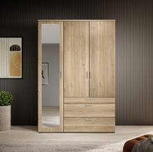 Drehtürenschrank >Vesala< 3 Türen, 3 Schübe, Mauvella Oak mit Spiegel - 135x195x56 (BxHxT)
