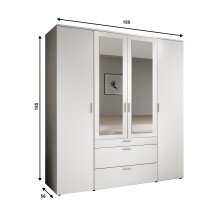 Drehtürenschrank >Vesala< 4 Türen, 3 Schübe, Weiß / Spiegel - 180x195x56cm (BxHxT)
