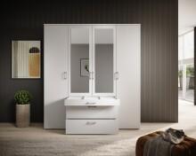 Drehtürenschrank >Vesala< 4 Türen, 3 Schübe, Weiß / Spiegel - 180x195x56cm (BxHxT)