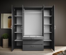 Drehtürenschrank >Vesala< 4 Türen, 3 Schübe, Graphit / Spiegel - 180x195x56cm (BxHxT)