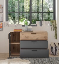 Sideboard >Daria< 1 Tür, 3 Schübe, Viking Oak Dekor / Graphit - 125x82,6x40cm (BxHxT)