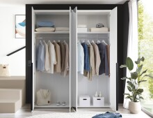 Drehtürenschrank >Kevo<  4 Türen, 2 Böden, Weiß / Spiegel, Dekor - 180x225x52cm (BxHxT)
