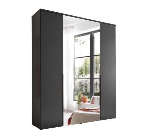 Drehtürenschrank >Kevo< 4 Türen, 2 Böden, Graphit / Spiegel, Dekor - 180x225x52cm (BxHxT)