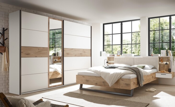 Schlafzimmer-Set >Daria< (2-teilig) Kleiderschrank mit Spiegel, Doppelbett, Viking Oak / weiss