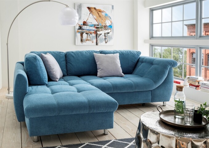 Polsterecke >Allin< Schlaffunktion, 6 Kissen, Bezug denim / silber - 250x66x190 (BxHxT)