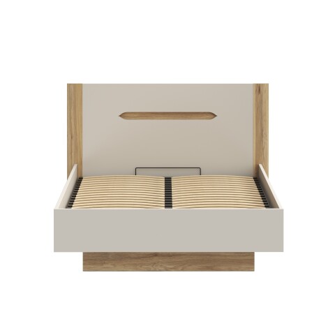 Stauraumbett >EDWAL< Lift-Lattenrost, sandfarbig / Eiche Dekor - 156,2x105,7x206,6cm BxHxT
