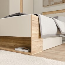 Stauraumbett >WEXLIN< in Sand / Mauvella Eiche Dekor - 100x96,3x210,8cm (BxHxT)