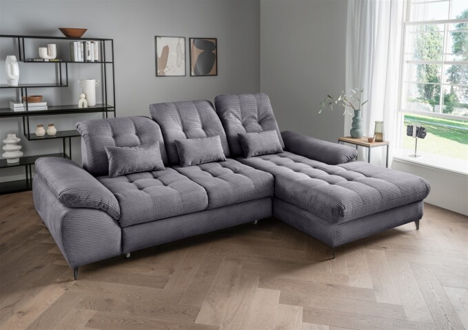 Polsterecke >Devland< Schlaffunktion, Kopfteilverstellung, Cord grau - 273x105x189cm (BxHxT)