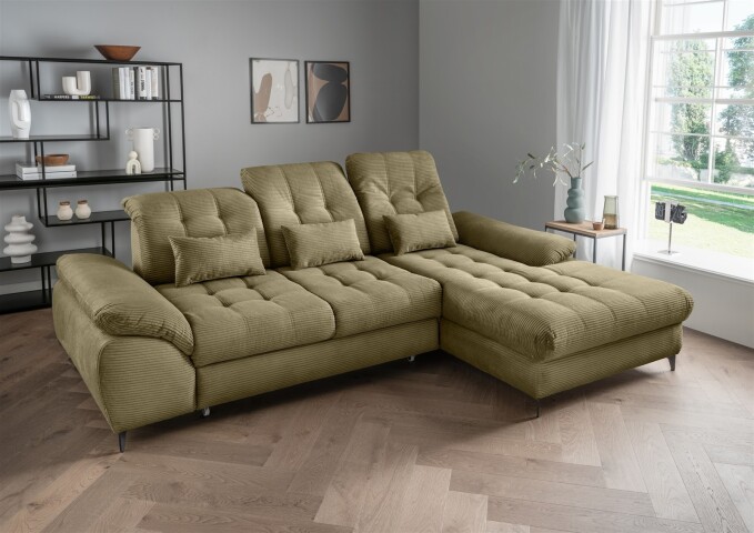 Polsterecke >Devland< Schlaffunktion, Kopfteilverstellung, Cord olive - 273x105x189cm BxHxT