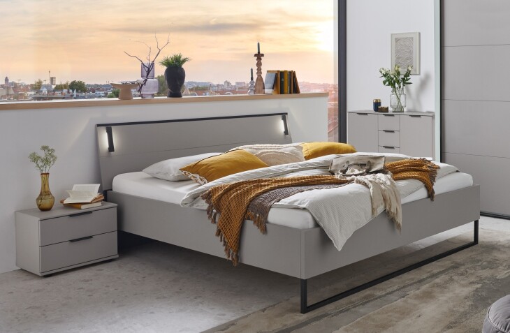 Bettanlage >Tilburg< (4tlg. ) Bett 168x92x210cm, Nachtkommoden, Kommode, Saharagrau/Grafit