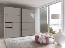 Schlafzimmer-Set >Tilburg< (5tlg. ) Schrank, Bett 188x92x210cm, Kommoden, Saharagrau, Abs. Grafit