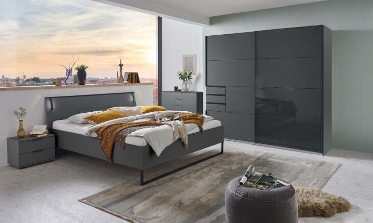 Schlafzimmer-Set >Tilburg< (5tlg.) Bett 168x92x210cm, Schrank, 2 Nachtkommoden, Sideboard, Grafit