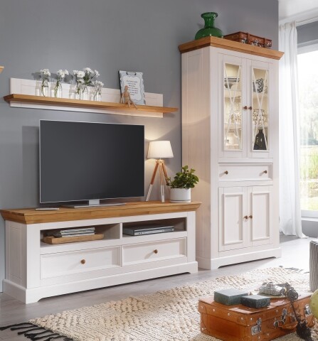 Wohnwand >WZ-0133< (3-teilig) weiss / eichefarbig - 278x214x42 (BxHxT)