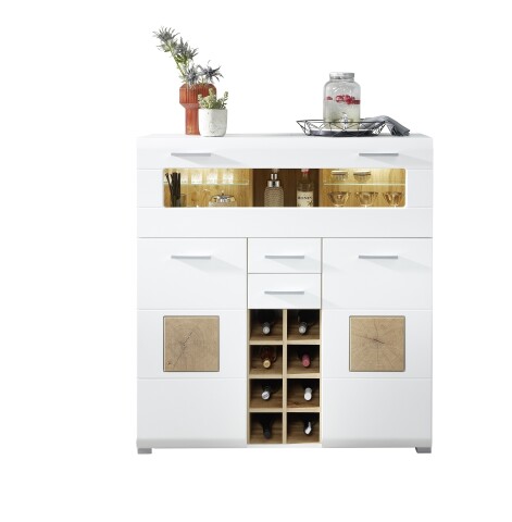 Barschrank >Fun Plus< in weiss matt / Eiche Dekor - 120x129x37 (BxHxT)