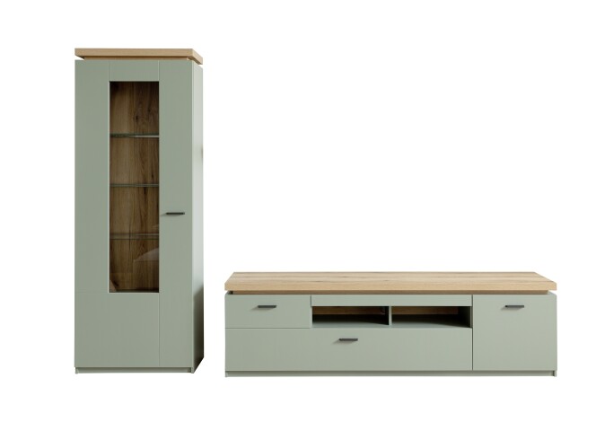 Wohnwand >MONIZ< (2-teilig) Salbei / Eiche, Lowboard 195x57x44cm, Vitrine 70x197x38cm