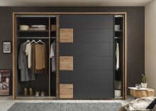 Schwebetürenschrank >LINEA< inkl. Passepartout, Bartex Eiche Dekor / Graphit - 280x215x60 (BxHxT)