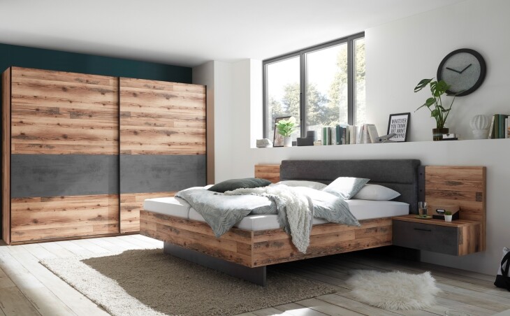 Schlafzimmer-Set >ALICANTE< (2-teilig) Alpine / Beton, Schrank 270x210x60, Bett 305,6x99,5x213,4