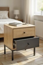 Nachtkommode >55496< 2 Schubladen, anthrazit, eiche Dekor, schwarz - 40x50x45 (BxHxT)