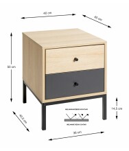 Nachtkommode >55496< 2 Schubladen, anthrazit, eiche Dekor, schwarz - 40x50x45 (BxHxT)