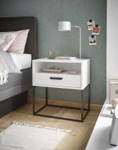 Nachtkommode >CUDRO< 1 Schublade, 1 Fach, Weiß / schwarz - 60x65x38,5cm (BxHxT)