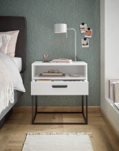 Nachtkommode >CUDRO< 1 Schublade, 1 Fach, Weiß / schwarz - 60x65x38,5cm (BxHxT)