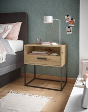 Nachtkommode >CUDRO< 1 Schub, 1 Fach, Artisan Eiche Dekor / schwarz - 60x65x38,5cm (BxHxT)