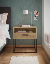 Nachtkommode >CUDRO< 1 Schub, 1 Fach, Artisan Eiche Dekor / schwarz - 60x65x38,5cm (BxHxT)