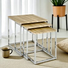 Satztisch >33083< (3-teilig) in chrom, eiche Dekor - 29x36x29 (BxHxT)