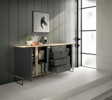 Sideboard >Kandoo< in Anthrazit / Evoke Oak, Holzwerkstoff - 180x89x38cm (BxHxT)