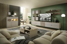 Wohnwand >Ina< (5-teilig) in Riva Eiche Dekor / Cashmere - 250x186x44 (BxHxT)