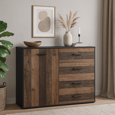 Kommode >Texas< in schwarzstahl / texas oak, Holzwerkstoff - 118x97x41cm (BxHxT)