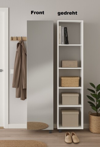 Schuhschrank >Woody< drehbar, 5 Fächer, in weiss / Spiegel - 34x190x27 (BxHxT)