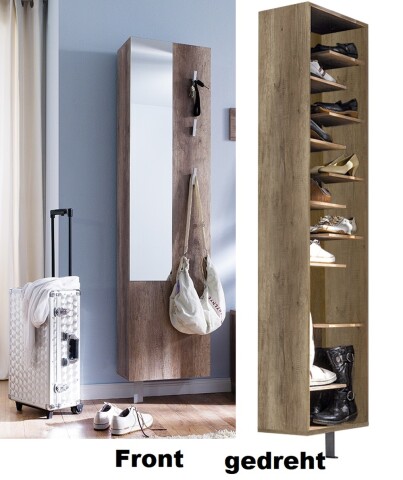 Schuhschrank >Woody< drehbar, wildeiche trüffel / Spiegel - 45x176x25 (BxHxT)