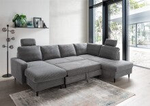 Wohnlandschaft >Pris<  U-Form, Funktionen, Cord grau - 153x305x75x200 (LxBxHxT)
