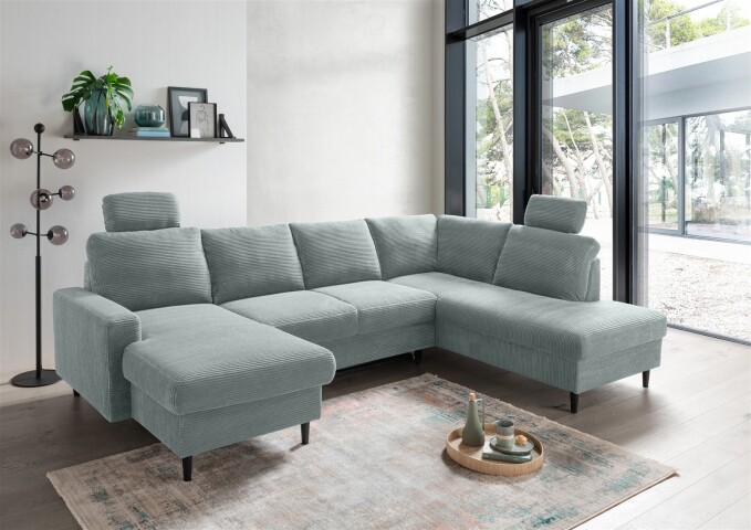 Wohnlandschaft >Pris< U-Form, Funktionen, cord aqua - 153x305x75x200 (LxBxHxT)