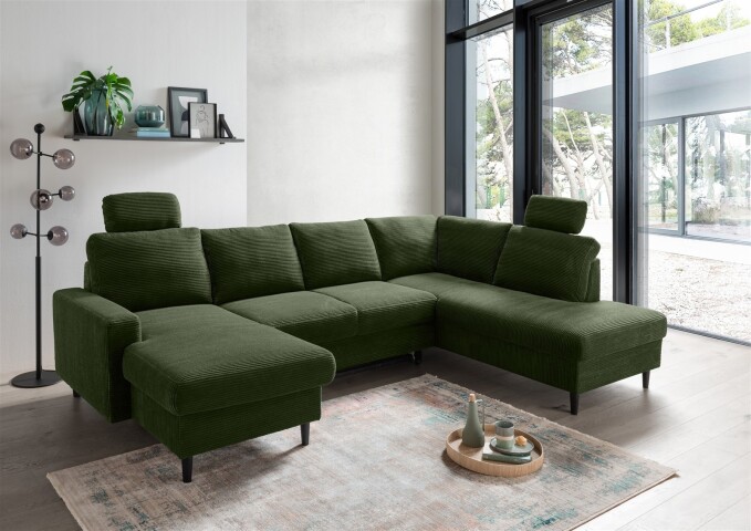 Wohnlandschaft >Pris< U-Form, Funktionen, cord moosgrün - 153x305x75x200 (LxBxHxT)