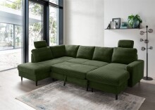 Wohnlandschaft >Pris< U-Form, Funktionen, cord Moosgrün - 153x305x75x200 (LxBxHxT)