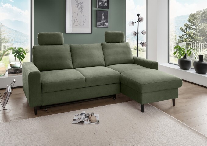 Ecksofa >Pris< Schlaffunktion, Stauraum, dunkelgrün - 234x88x147 (BxHxT)