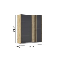 Schwebetürenschrank >Mosbach< in Glas basalt / Eiche Artisan - 181x210x62 (BxHxT)