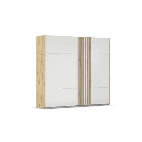 Schwebetürenschrank >Mosbach< in Glas kristallweiß / Eiche Artisan - 226x210x62 (BxHxT)