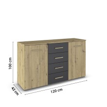 Sideboard >Mosbach< in Eiche Artisan / grau metallic - 120x81x62 (BxHxT)