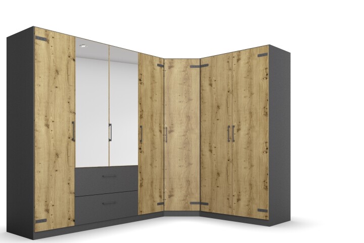 Eckkleiderschrank >Butte< in Eiche Artisan Dekor / grau - 266x197x176 (BxHxT)
