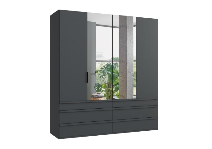 Falttürenschrank >OXFORD< Schubladen, in GRAPHIT und Spiegel - 200x216x58cm (BxHxT)